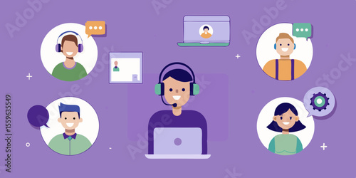 Customer Support Team Illustration with Headsets and Laptops on Purple Background for Online Communication and Assistance