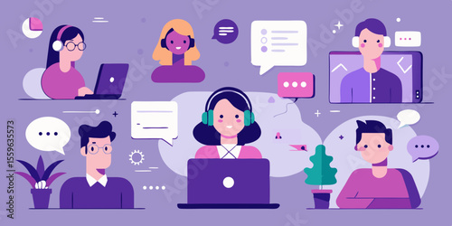 Customer service team working remotely with communication virtual meetings and online support in a flat vector illustration