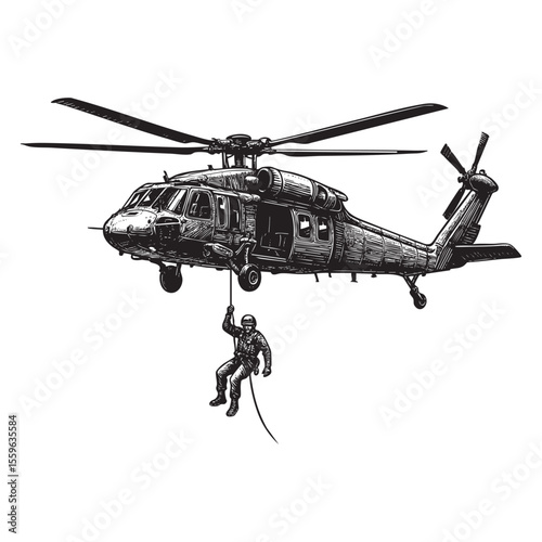 Military Helicopter Rappelling Vector Engraving Illustration