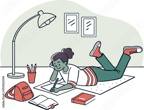 A young person lies on the floor studying and writing with a pen surrounded by books a backpack and a desk lamp