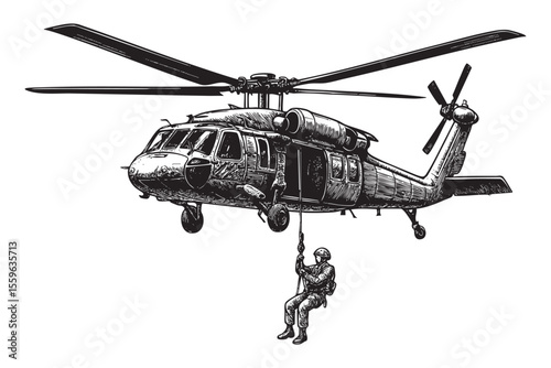Military Helicopter Rappelling Vector Engraving Illustration