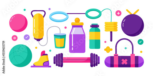 Colorful Fitness Equipment Vector Illustration for Gym Workout and Healthy Lifestyle Concepts on White Background
