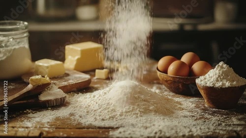 Flour cascading onto a wooden table with butter, eggs, and baking ingredients