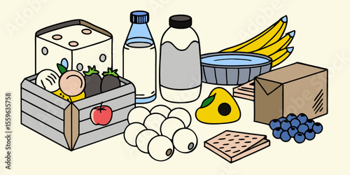 Grocery Shopping Illustration Featuring Fresh Produce Dairy and Packaged Goods