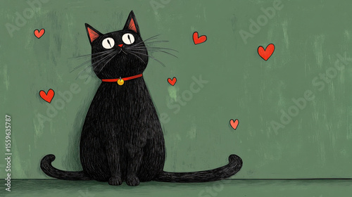 Cute black cat with red collar sits against green background, surrounded by floating red hearts, creating whimsical and loving atmosphere