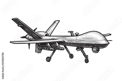 Military Reconnaissance Drone UAV Vector Engraving Illustration