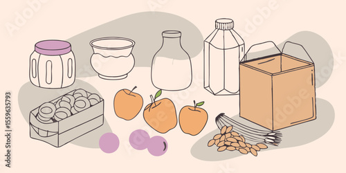 Grocery Shopping Illustration Featuring Milk Yogurt Fruit and Nuts