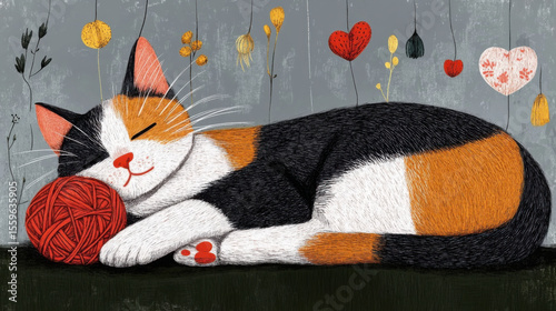 Calico cat peacefully sleeps with red ball of yarn, surrounded by whimsical flowers and hearts on gray background, creating cozy and charming atmosphere