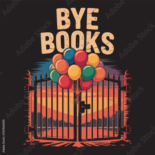 Playful farewell to study scene with bridge, balloons, and sunset “Bye Books” quote, vector illustration.