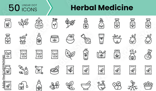 A collection of 50 linear dot icons representing various herbal medicine elements, showcasing bottles, leaves, and herbal preparations in a clean, modern design.