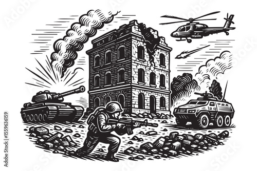 World War Urban Combat Vector Engraving Scene