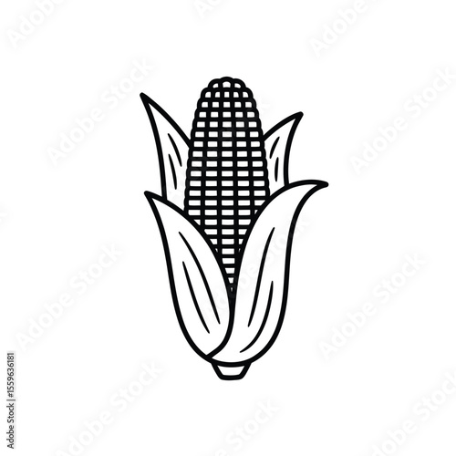 Simple Black and White Line Art Illustration of an Ear of Corn