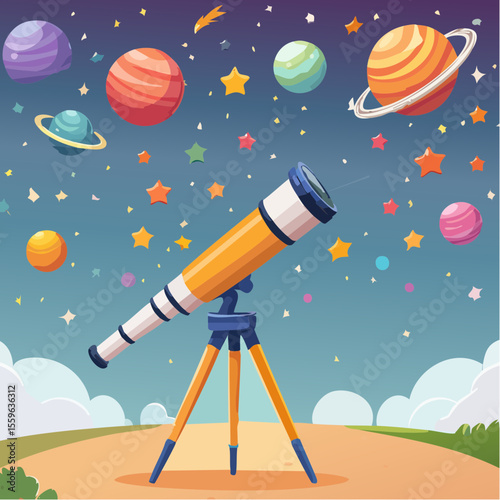 A telescope with stars and planets pouring out of the lens – imagination expands vision.

