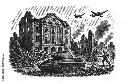World War Urban Combat Vector Engraving Scene