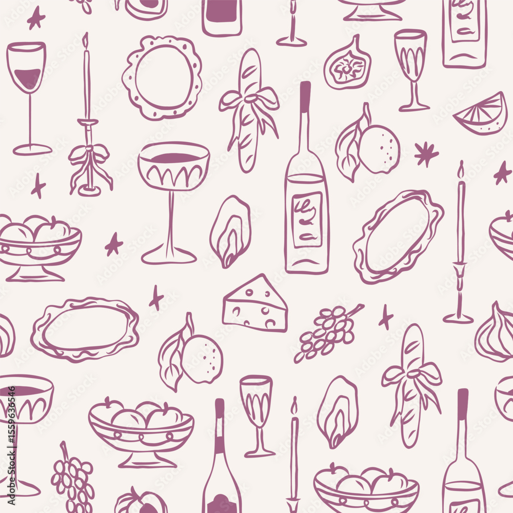Hand drawn whimsical wine and food background