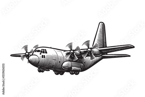 Military Transport Aircraft Vector Engraving Illustration