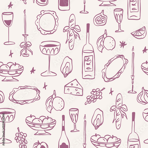 Hand drawn whimsical wine and food background