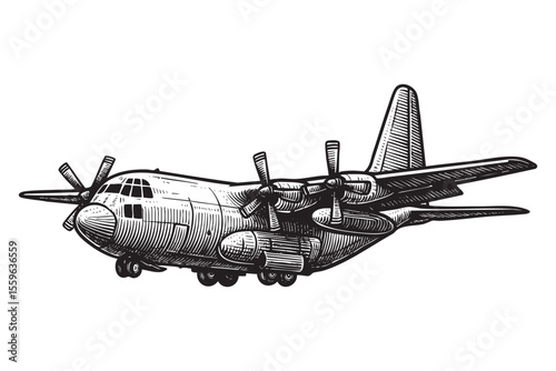 Military Transport Aircraft Vector Engraving Illustration