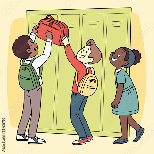 Three diverse smiling children with backpacks putting away a red bag into a school locker during a happy school day