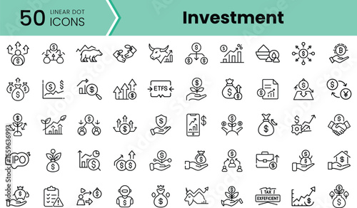 A diverse collection of 50 linear dot icons representing various investment concepts, featuring growing graphs, money symbols, and eco-friendly initiatives.