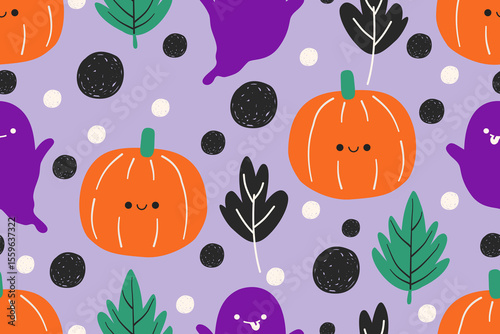 Seamless Halloween pattern with pumpkins ghosts leaves and dots