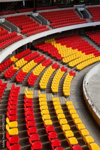 Empty stadium seating with vibrant red and yellow chairs arranged in a curved pattern