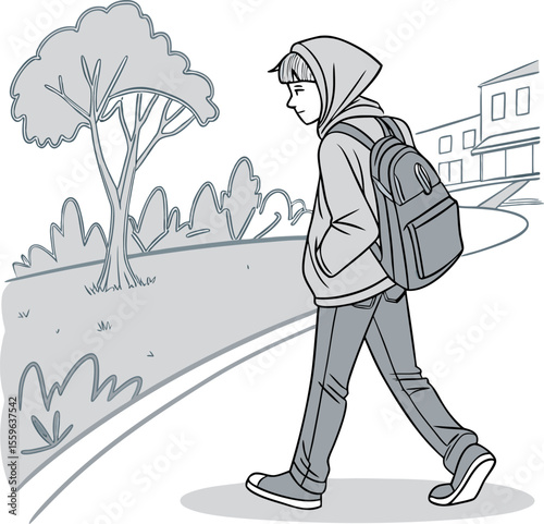 A lone young person wearing a hooded jacket and backpack walks down a paved path beside a grassy area with trees and bushes towards a building