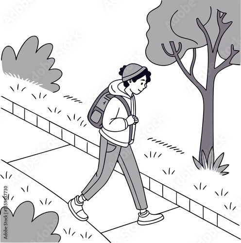A young person wearing a beanie and carrying a backpack walks down a sidewalk next to a tree and bushes on a sunny day