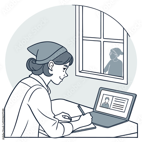 Young woman wearing a bandana studies at a laptop while a person in a headscarf looks through a window symbolizing remote learning and connection