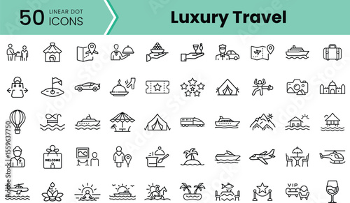 A collection of 50 linear icons representing luxury travel experiences, featuring activities like dining, adventure, and relaxation in elegant settings.