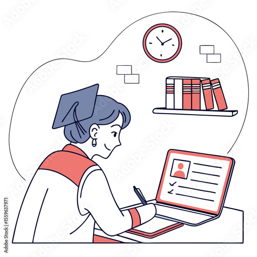 A smiling student wearing a graduation cap studies diligently at a laptop with books and a clock in the background symbolizing academic achievement and learning
