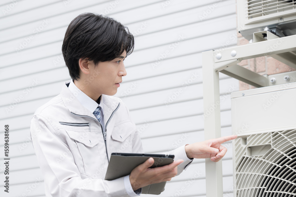 室外機の点検をする作業員 指を差して安全確認 室外機の点検をする作業員 指を差して安全確認