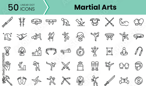 A diverse collection of 50 linear icons representing various martial arts forms, techniques, and equipment, showcasing the dynamic nature of martial arts.