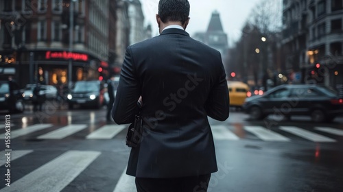 Businessman In Dark Suit Crossing Wet City Street On A Rainy Day With Blurred Background