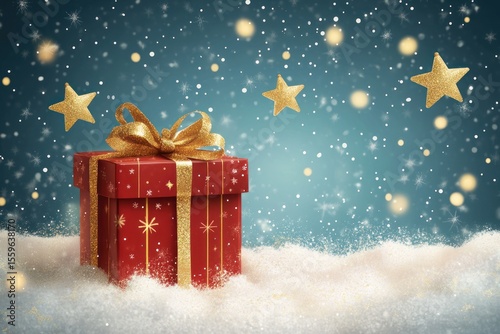 Christmas and New Year sales design with gift box and glittering gold stars on snowy winter background, vector style