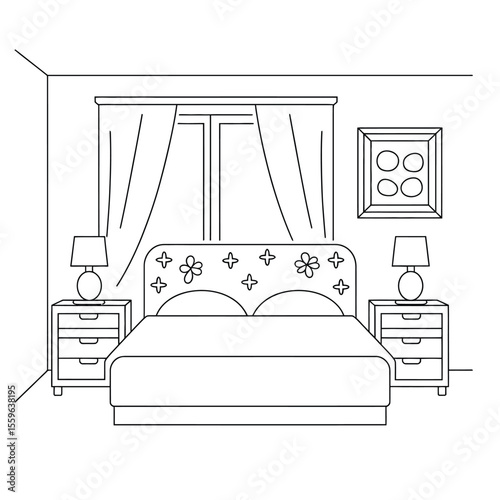 Bedroom interior line art with bed lamps and window with curtains