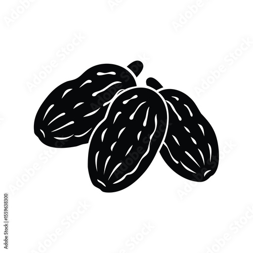 Black and white illustration of three dried raisins on a white background
