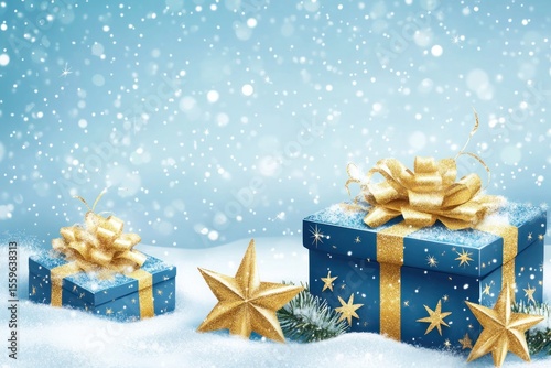 Christmas and New Year sales design with gift box and glittering gold stars on snowy winter background, vector style