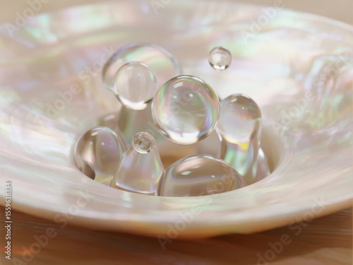 Clear Glass Spheres Nestled in a Shiny, Iridescent Bowl