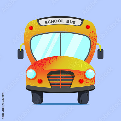 Colorful cartoon school bus on light blue background. Funny design for school products for kids, teachers and learning platforms. Vector illustration