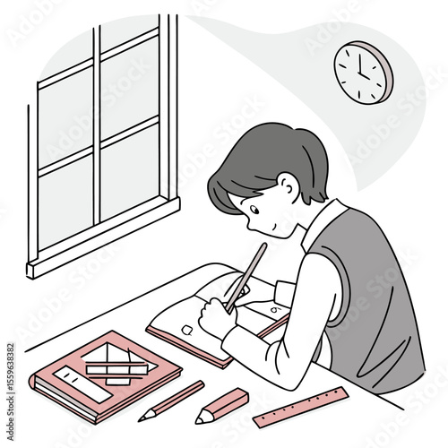 Young student diligently studying at a desk with books and pencils thinking about the passing time indicated by a clock in a thought bubble