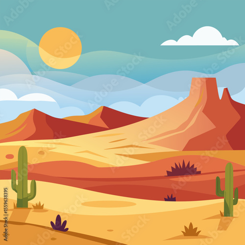 Stunning Desert Landscape. Majestic Mountains. Cacti. and Golden Sands