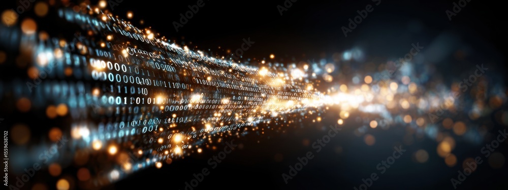 Fototapeta premium Floating binary code and glowing particle background