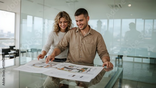 Young couple collaborating on home renovation project in modern office space, reviewing architectural plans with smiles and excitement.