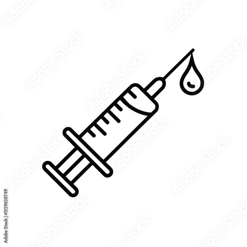 Syringe with needle and drop of liquid medical injection line art icon