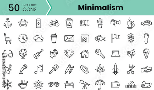 A collection of minimalist linear icons featuring various everyday objects and themes, including nature, technology, music, and leisure activities.