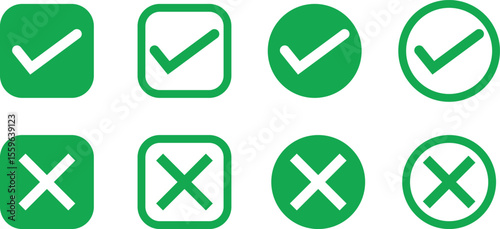 Green check and cross mark icons in various circle and square styles for UI, apps, and web design. Includes correct and incorrect symbols in flat vector. Ideal for interface or decision visuals.
