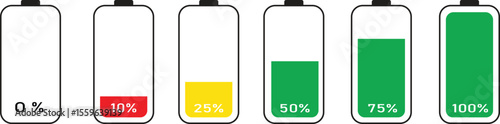Battery charge level indicator icons from 0% to 100% with color-coded fill bars. Energy power symbols for UI, mobile, and tech design. Flat vector illustration showing battery status stages.
