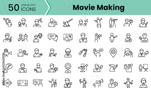 A collection of 50 linear icons representing various aspects of movie making, showcasing diverse film production elements and roles in a minimalist style.
