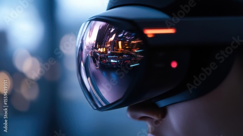 Person Wearing Virtual Reality Headset Reflecting City Lights in a Futuristic Setting